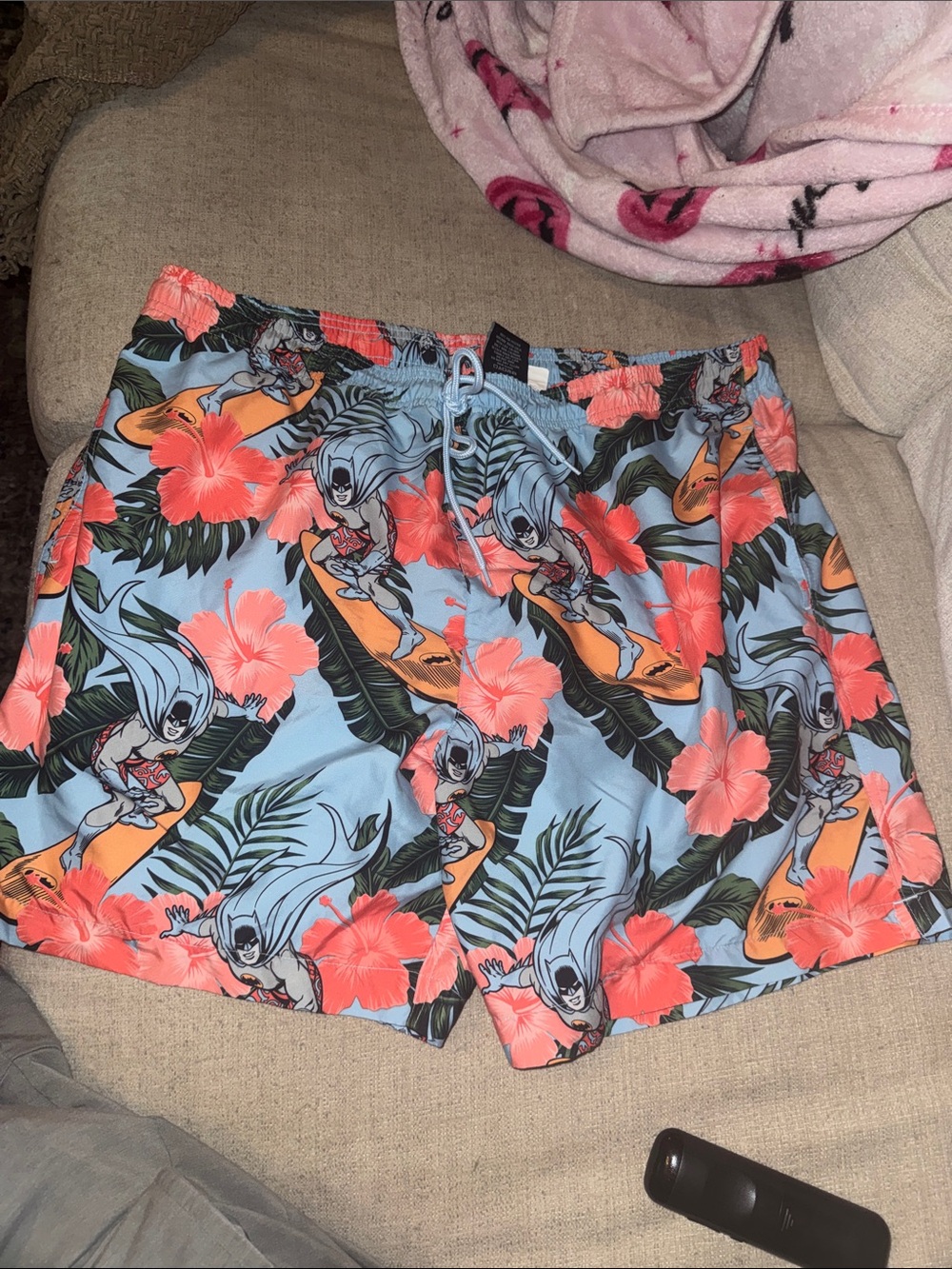 Batman Tropical Surf Swim Trunks in Light Blue, Coral and Orange XL